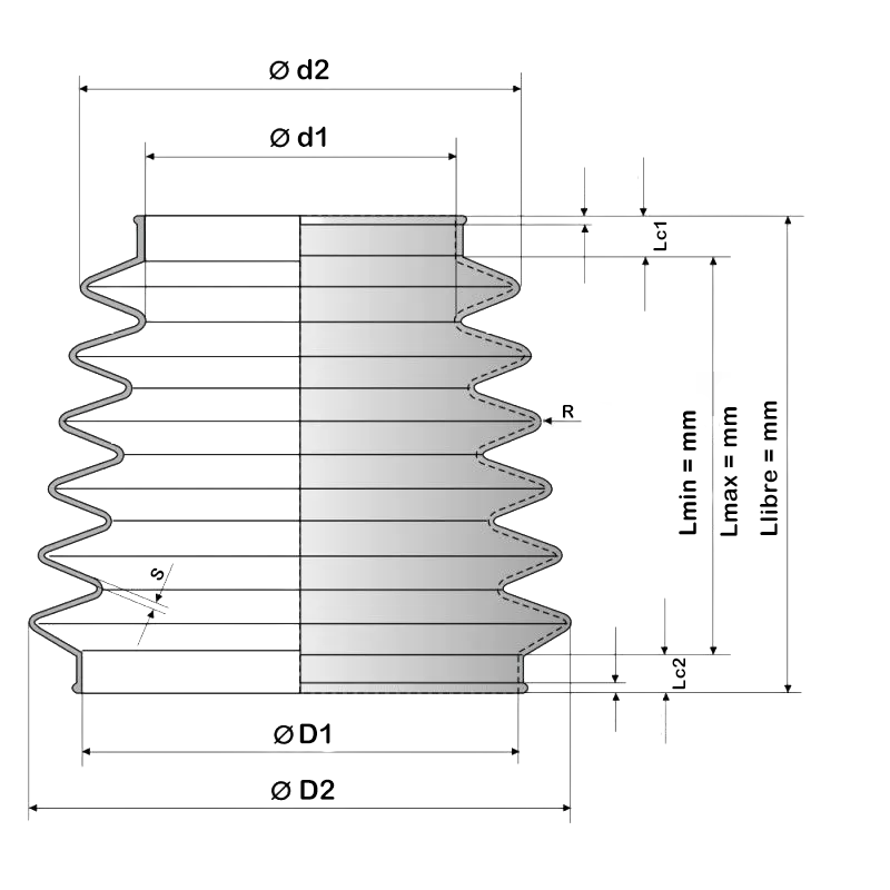 Plan de dimensionnement d'un soufflet élastomère : Lmin, Lmax et diamètres